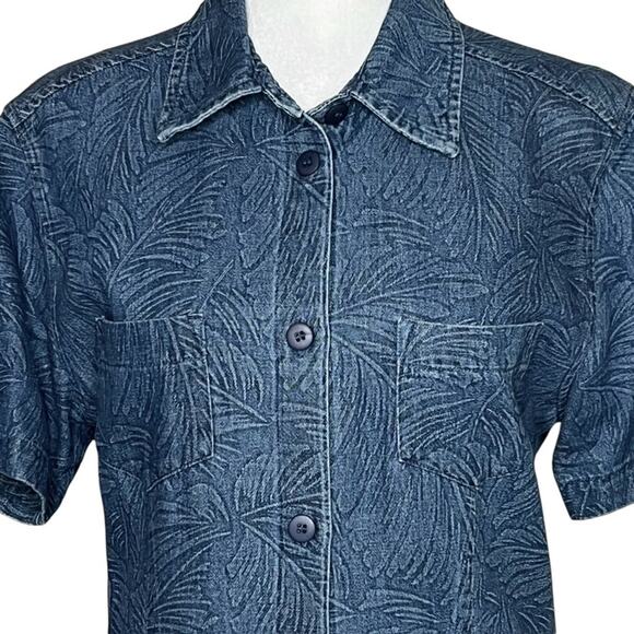 Coldwater Creek Denim Button Shirt Dress PM Palm Leaf Side Slits Retro Academia - Picture 4 of 11